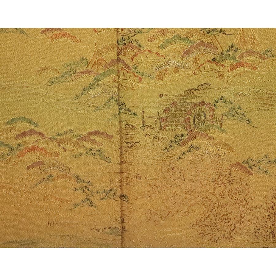 訪問着 袷 正絹 辛子色 暈し 刺繍水車 松林 Mサイズ ki25409 美品 着物 
