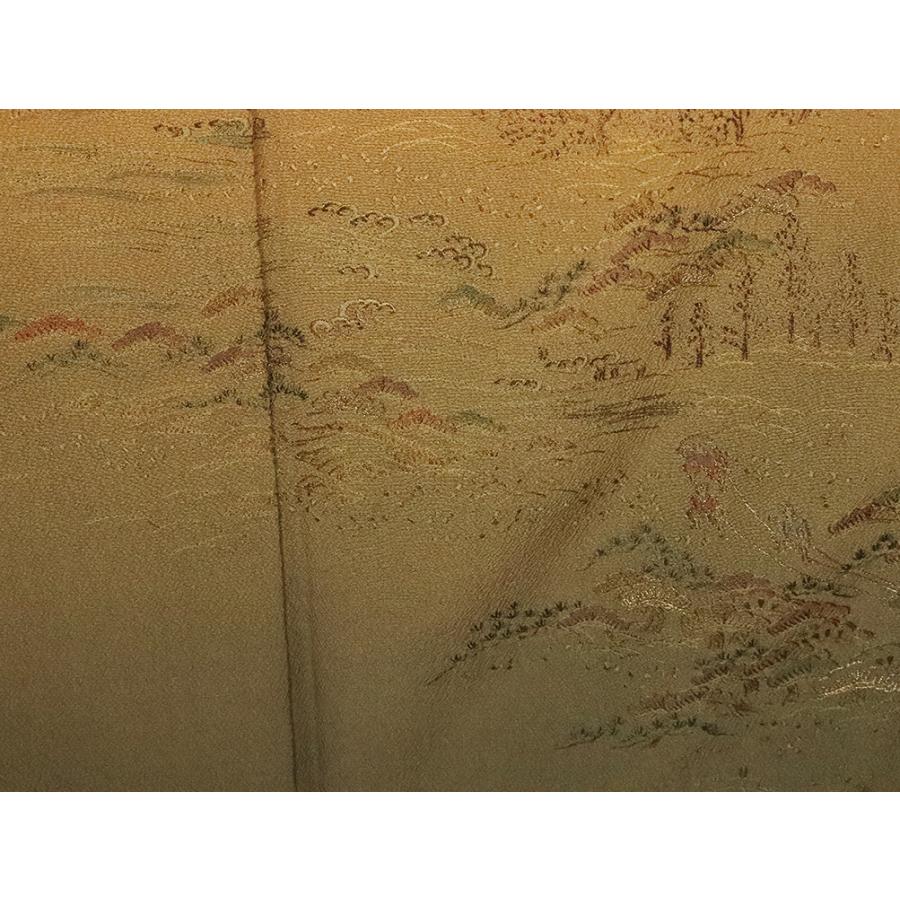 訪問着 袷 正絹 辛子色 暈し 刺繍水車 松林 Mサイズ ki25409 美品 着物 