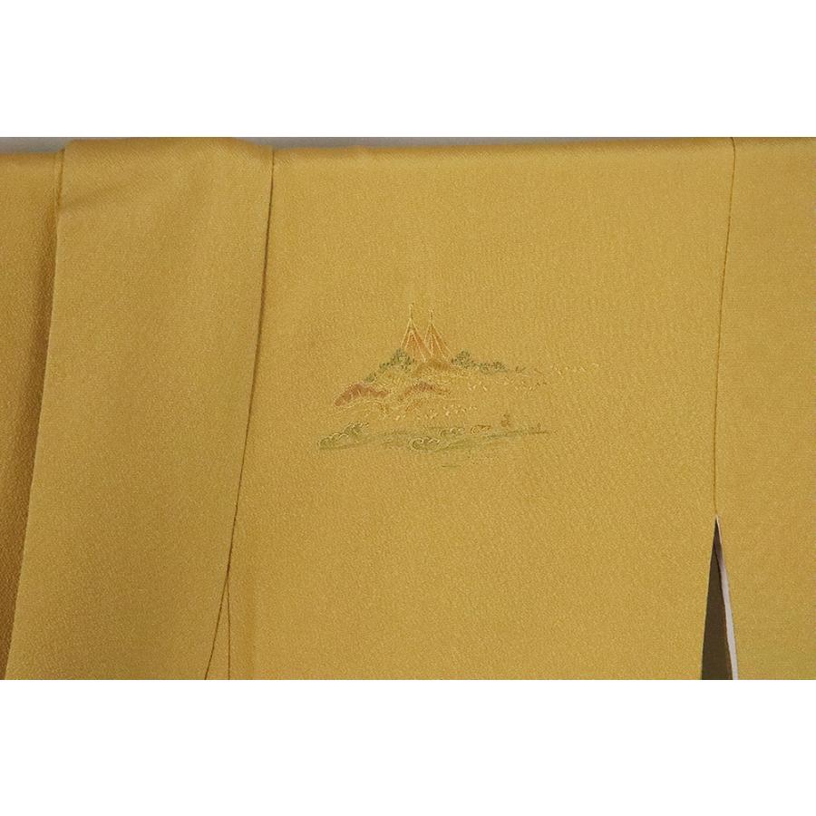 訪問着 袷 正絹 辛子色 暈し 刺繍水車 松林 Mサイズ ki25409 美品 着物 