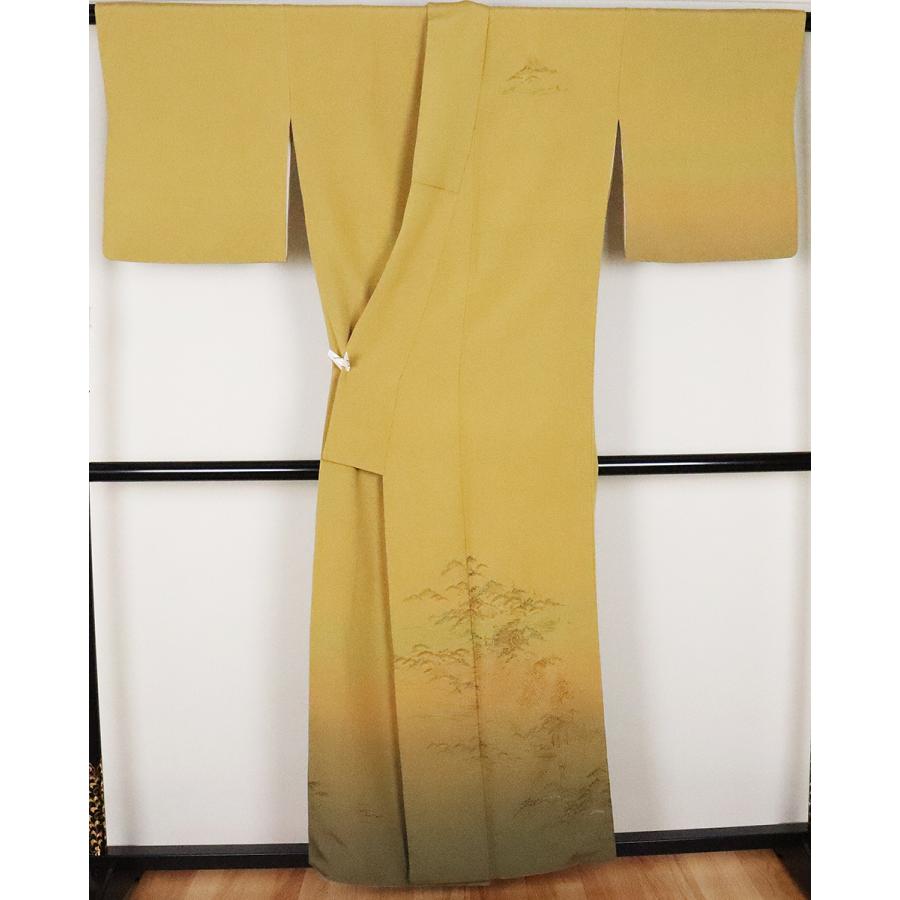 訪問着 袷 正絹 辛子色 暈し 刺繍水車 松林 Mサイズ ki25409 美品 着物 