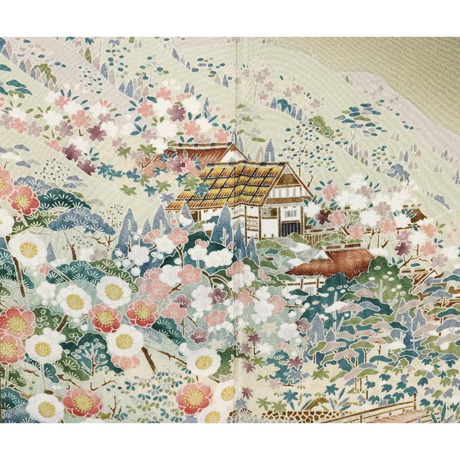 色留袖 正絹 山水画 松竹梅 桜 茶屋辻 Mサイズ ki25425 美品 着物  