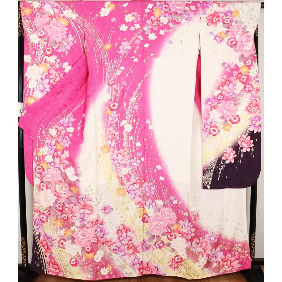 本振袖 正絹 ローズピンク 白 黄緑 薔薇 桜 牡丹 Lサイズ ki25672 美品 