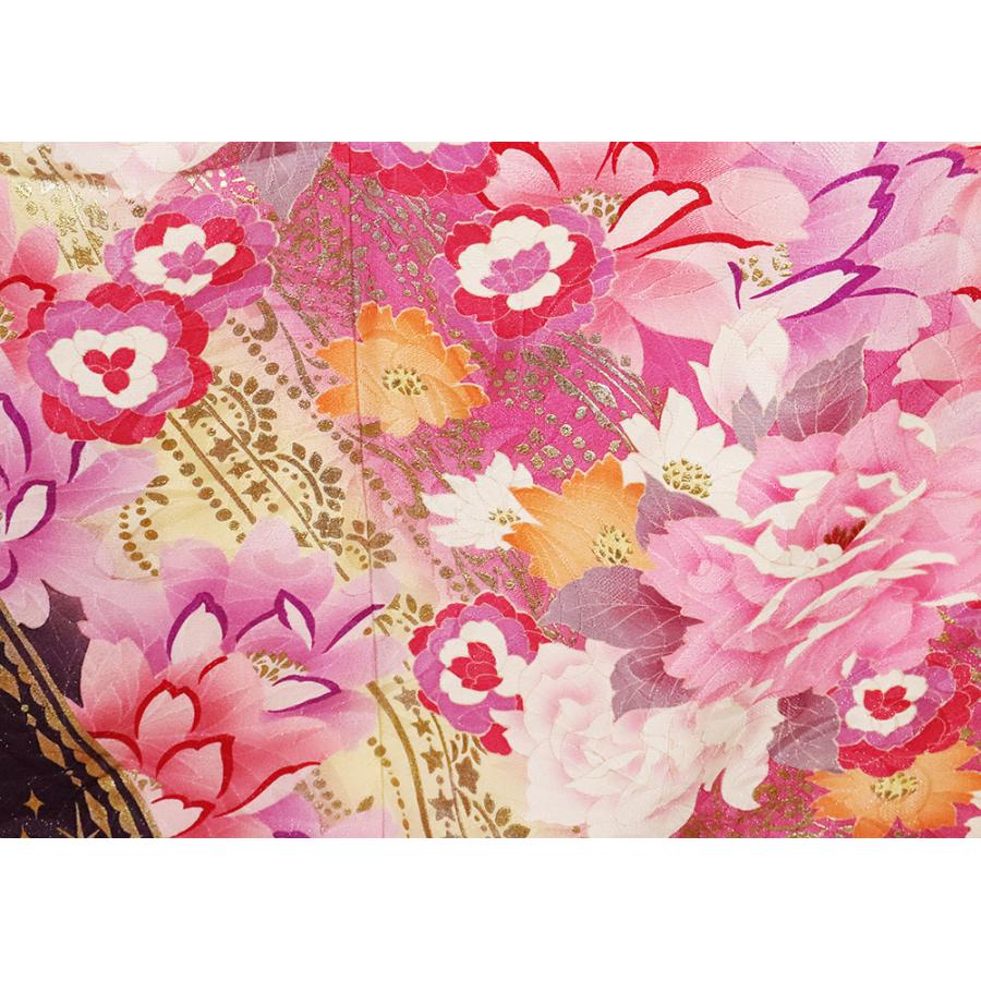 本振袖 正絹 ローズピンク 白 黄緑 薔薇 桜 牡丹 Lサイズ ki25672 美品 
