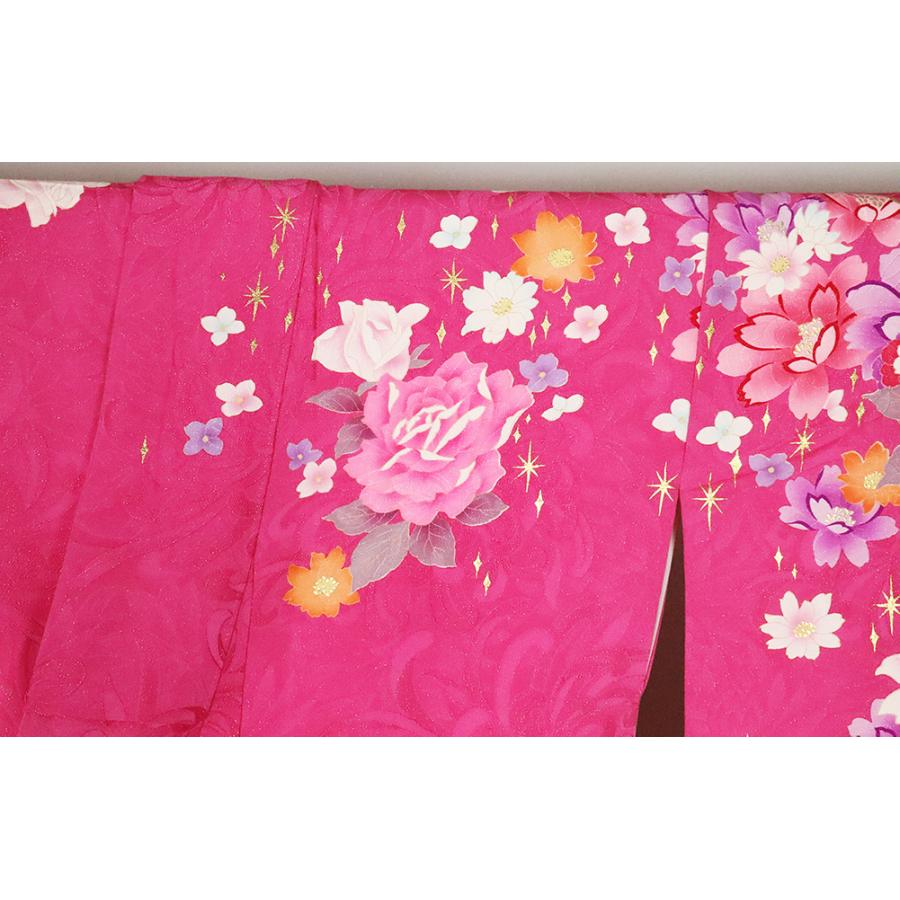 本振袖 正絹 ローズピンク 白 黄緑 薔薇 桜 牡丹 Lサイズ ki25672 美品 