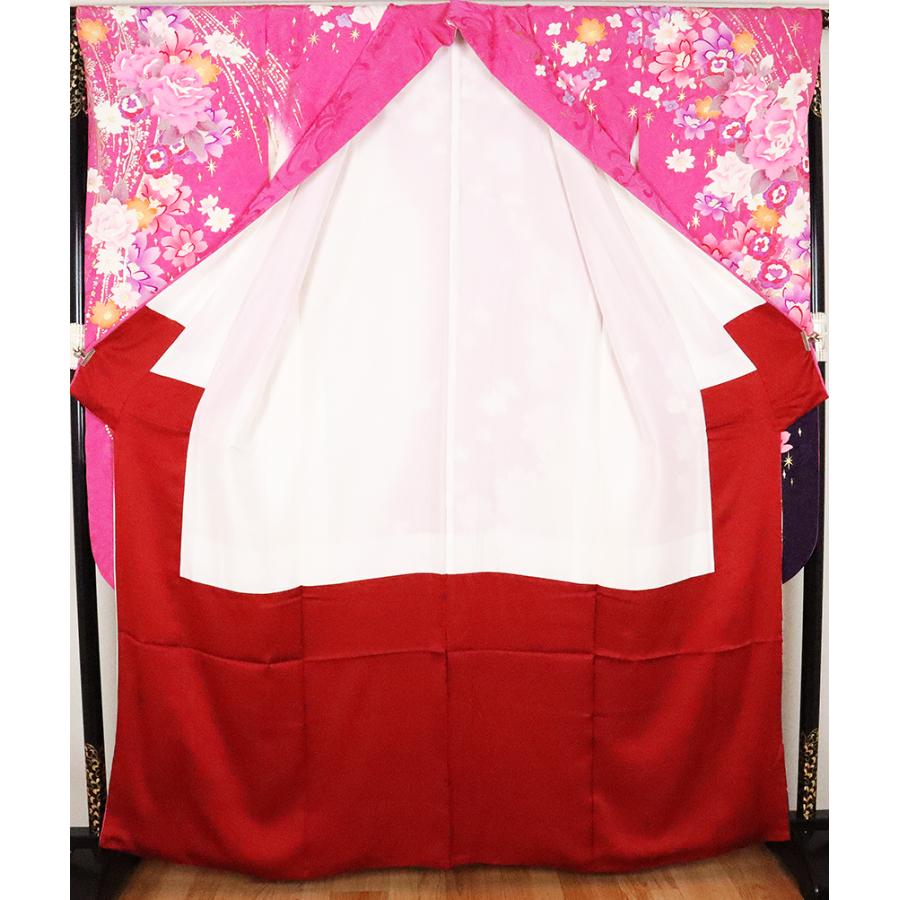 本振袖 正絹 ローズピンク 白 黄緑 薔薇 桜 牡丹 Lサイズ ki25672 美品 