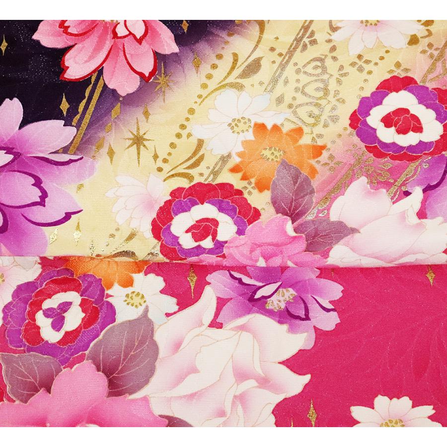 本振袖 正絹 ローズピンク 白 黄緑 薔薇 桜 牡丹 Lサイズ ki25672 美品 