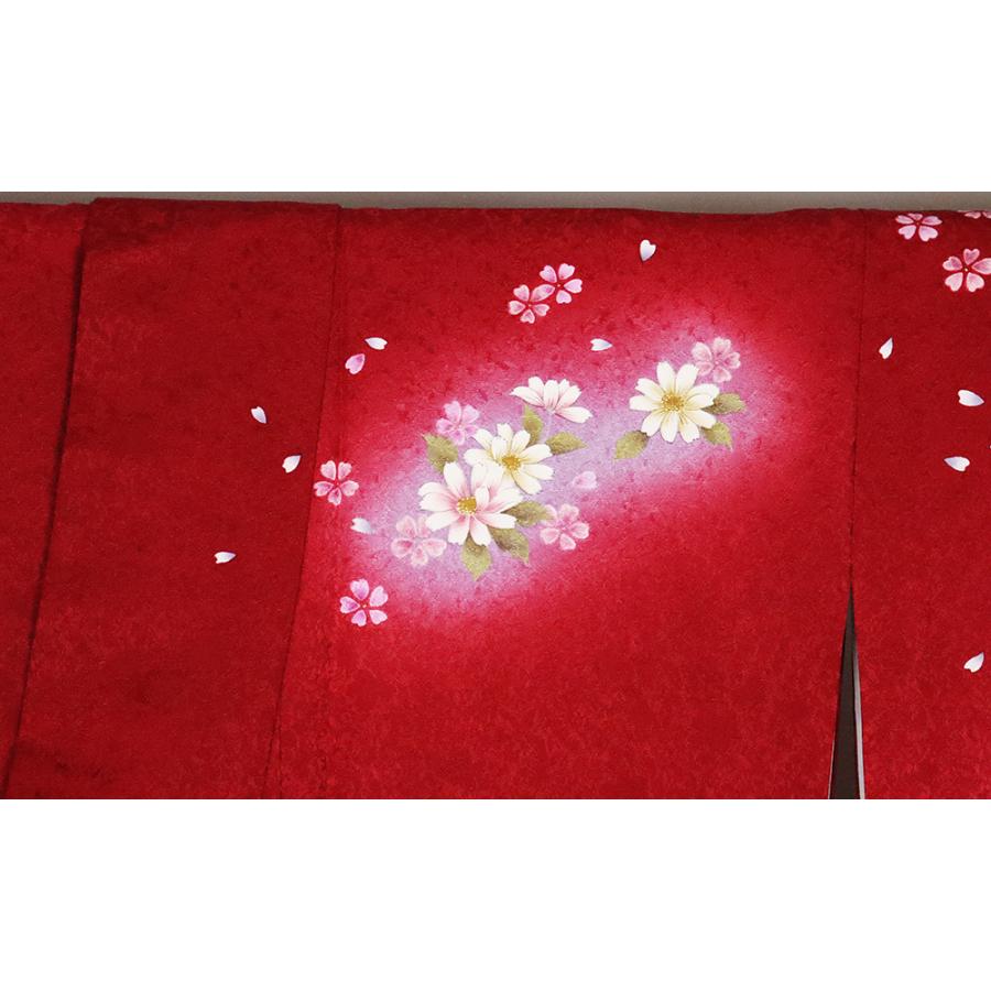 本振袖 正絹 赤紫 枝垂れ桜 コスモス 花車 熨斗文 LLサイズ トール 