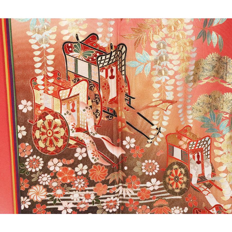 振袖 正絹 十二単風 金箔 松 御所車 赤 ki25878 美品 着物 Mサイズ