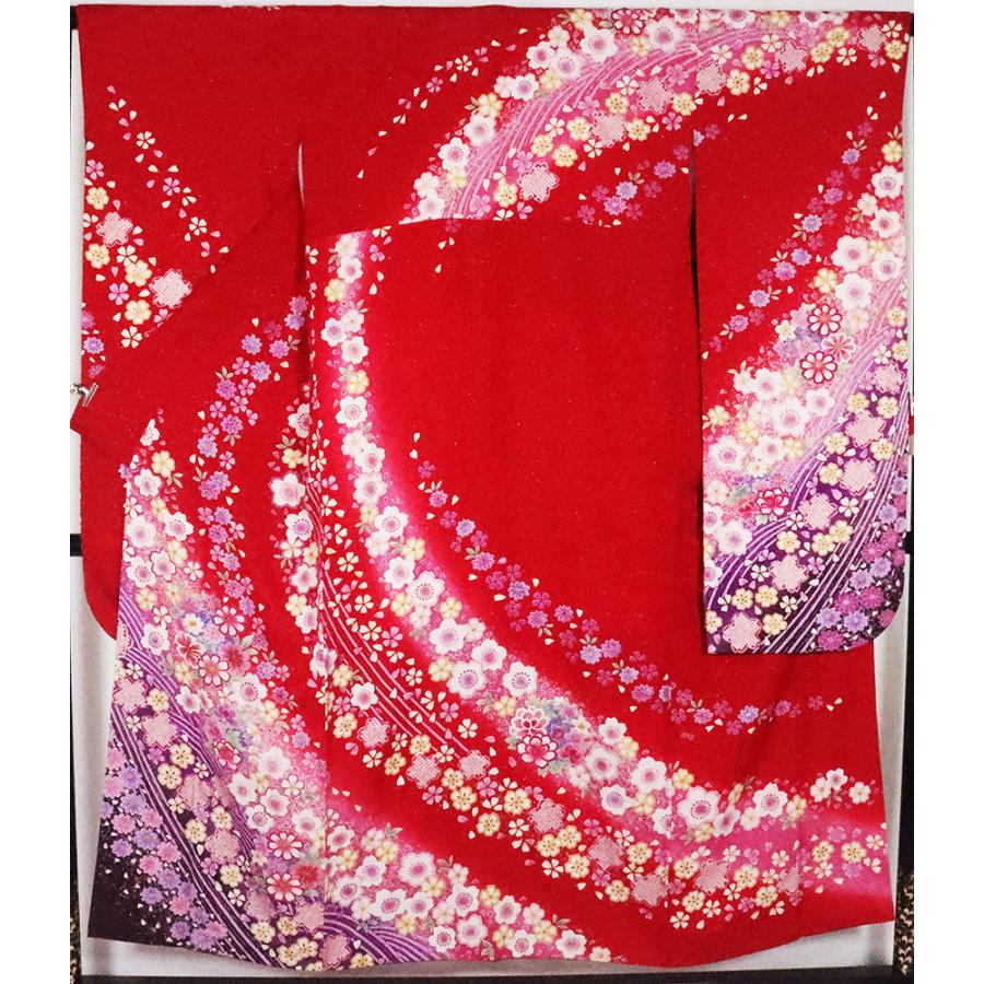 ブランド登録なし 振袖 正絹 桜の舞 赤 ピンク 紫 ki25879 美品 着物 S 