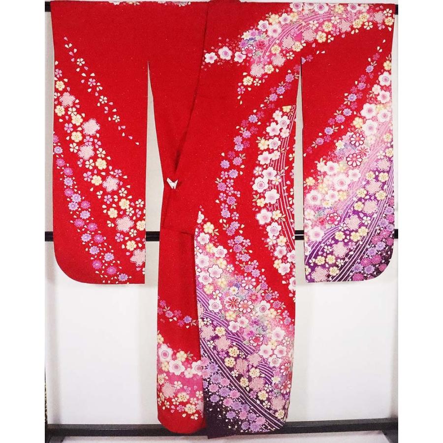 振袖 正絹 桜の舞 赤 ピンク 紫 ki25879 美品 着物 Sサイズ レディース 