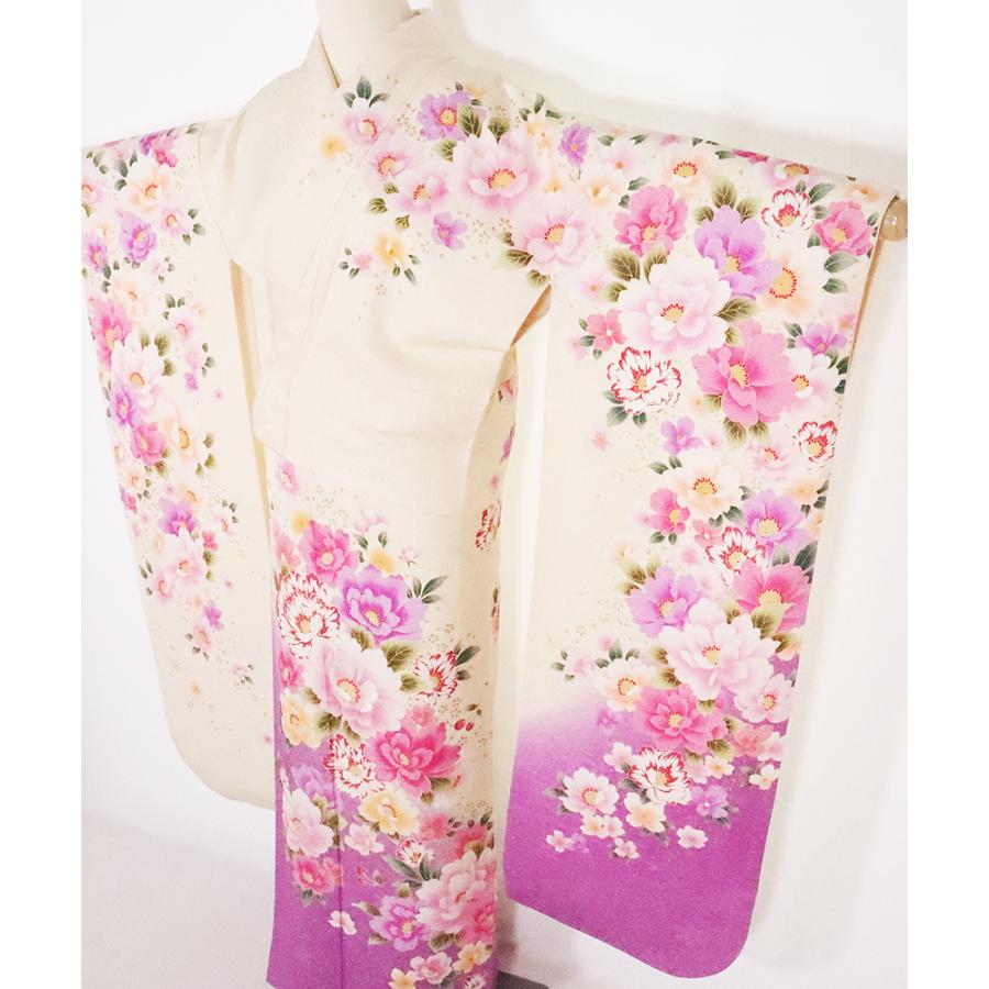 振袖 正絹 クリーム 紫 牡丹 桜 ki25910 美品 着物 LLサイズトール 
