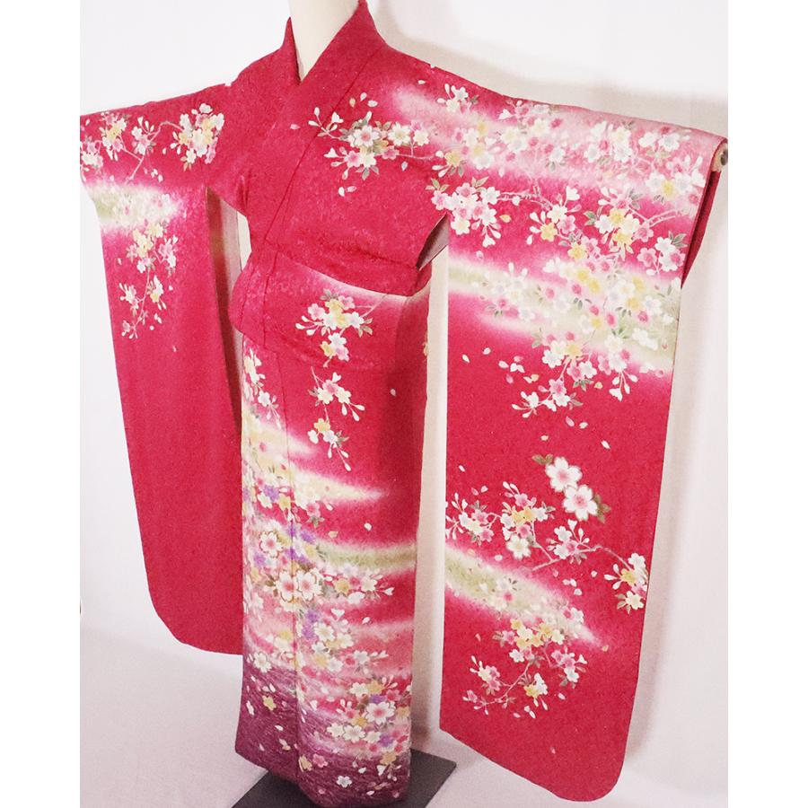 本振袖 正絹 赤紫 桜 ki25912 美品 着物 Lサイズ レディース