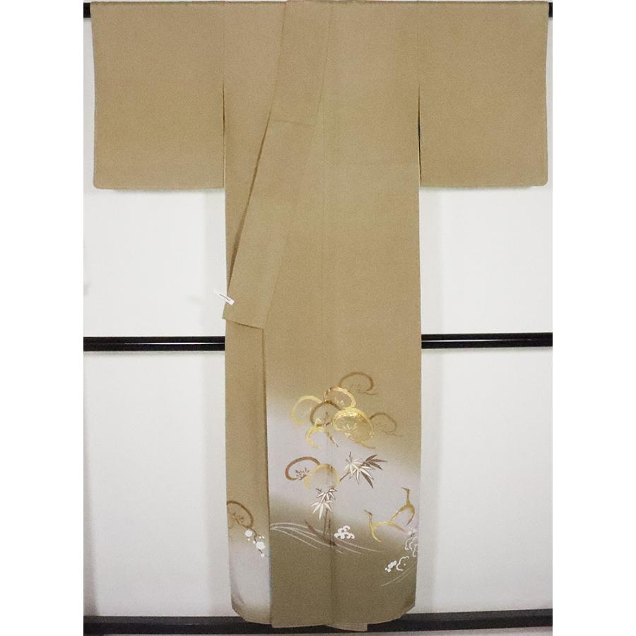 色留袖 袷 正絹 ベージュ 緑 鶴 松竹梅 Sサイズ ki25937 着物  