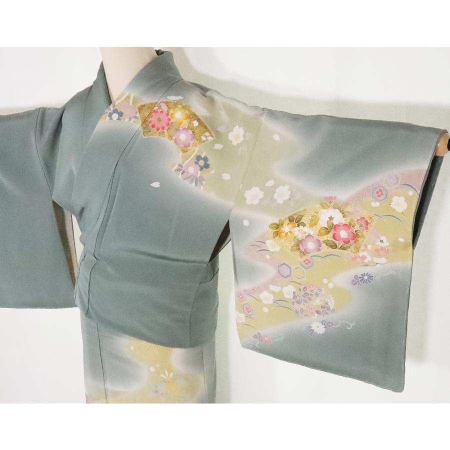 友禅訪問着 袷 正絹 緑 花扇 Lサイズ トールサイズ ki25975 着物