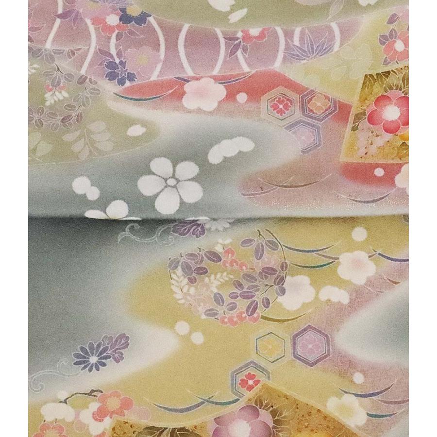 友禅訪問着 袷 正絹 緑 花扇 Lサイズ トールサイズ ki25975 着物