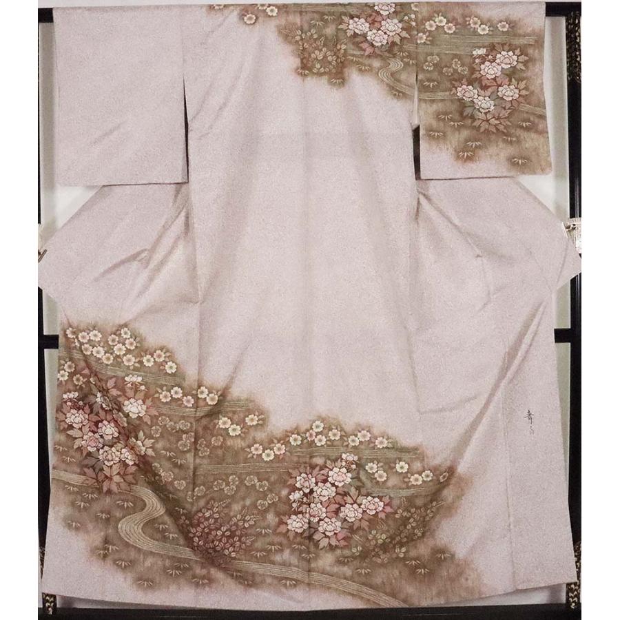 京友禅作家 松井青々氏作 染大島紬 訪問着 袷 正絹 グレー 花流水 M  