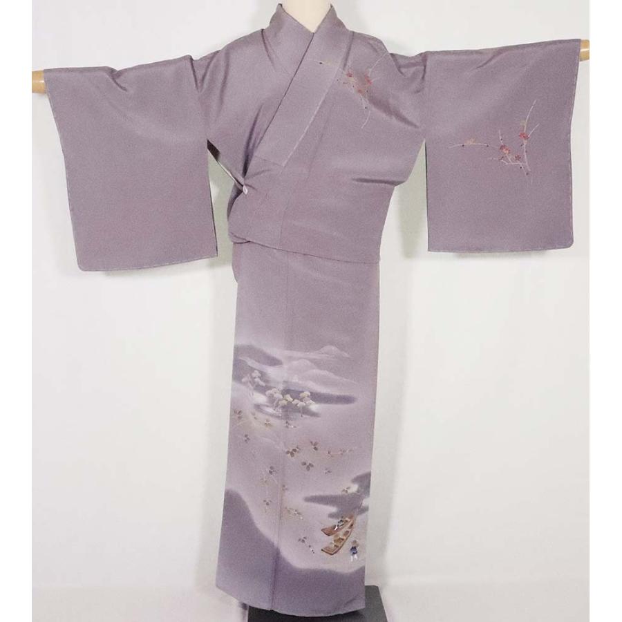 訪問着 袷 正絹 グレー 山水画 遠山 松 梅 舟 身丈160cm 裄丈66cm M 