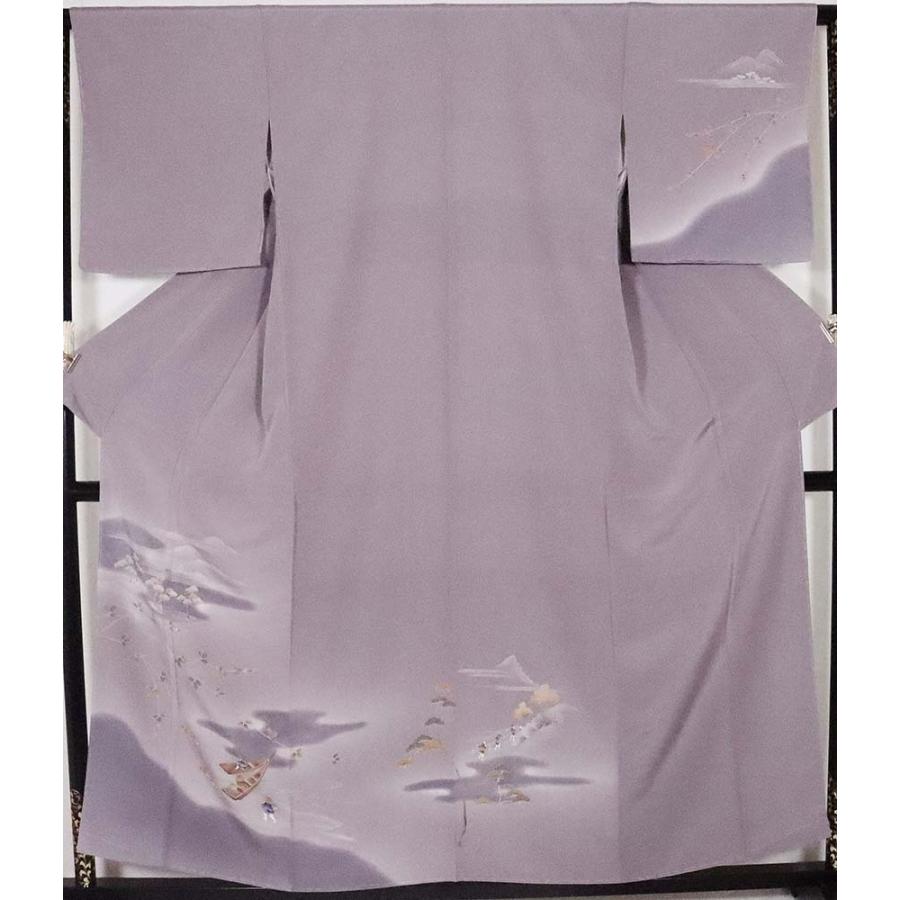 訪問着 袷 正絹 グレー 山水画 遠山 松 梅 舟 身丈160cm 裄丈66cm M 