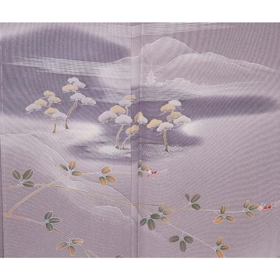 訪問着 袷 正絹 グレー 山水画 遠山 松 梅 舟 身丈160cm 裄丈66cm M 