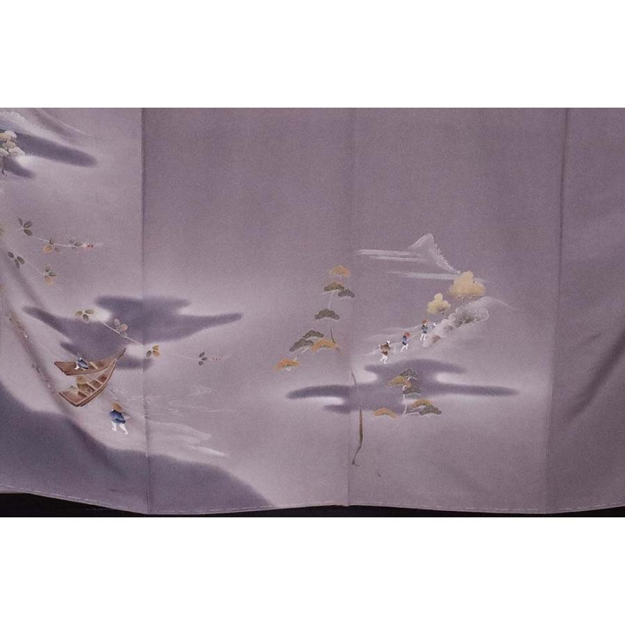 訪問着 袷 正絹 グレー 山水画 遠山 松 梅 舟 身丈160cm 裄丈66cm M 