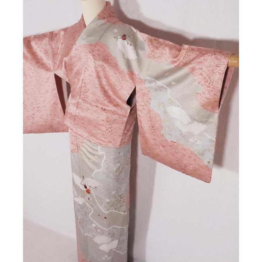 訪問着 正絹 オーク 緑 グリーン 絞り扇 刺繍菊 草花 身丈164cm 裄丈 
