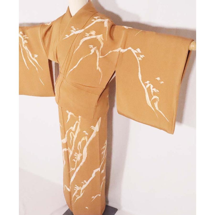 訪問着 正絹 黄土色 ローケツ 松 身丈166cm 裄丈68cm Lサイズ トール