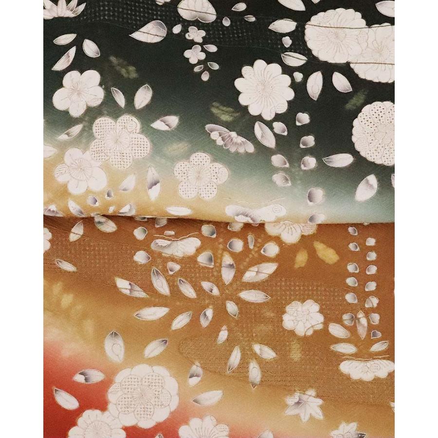 訪問着 正絹 赤茶 黄土色 緑 暈し 刺繍辻が花 ドロンワーク刺〓 身丈 