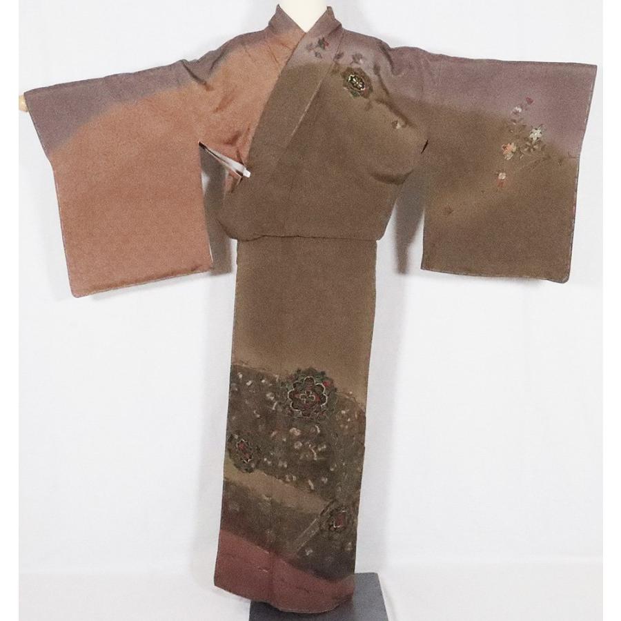 訪問着 袷 正絹 小豆色 総刺繍 華文 ドロンワーク刺〓 Lサイズ ki26243 