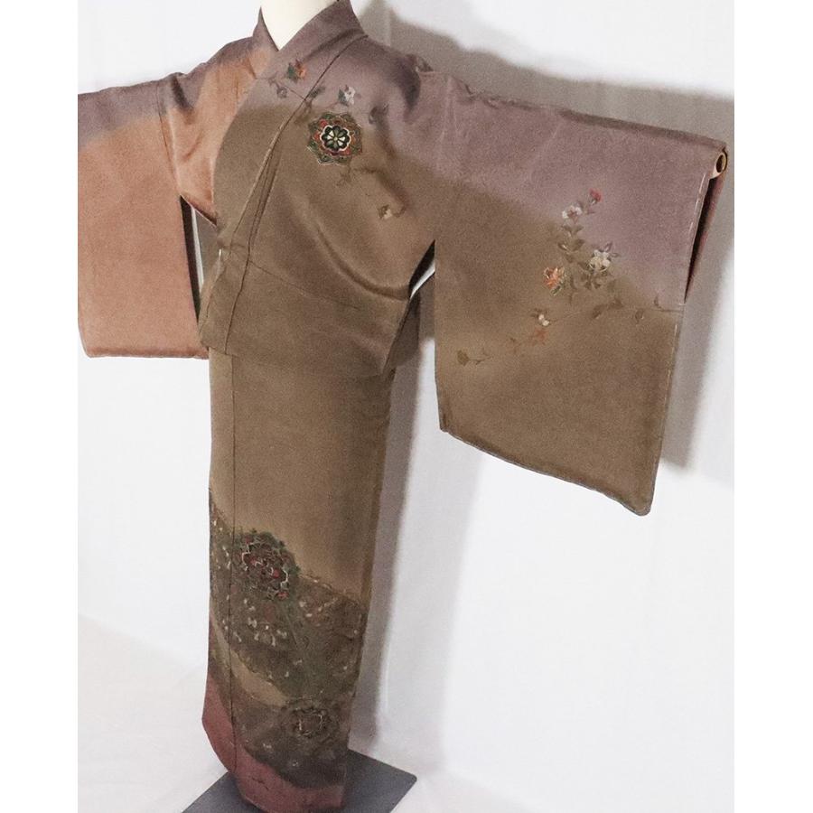 訪問着 袷 正絹 小豆色 総刺繍 華文 ドロンワーク刺〓 Lサイズ ki26243 着物 レディース 入学式 卒業式 オールシーズン 新品 送料無料の画像