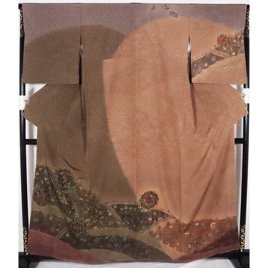 訪問着 袷 正絹 小豆色 総刺繍 華文 ドロンワーク刺〓 Lサイズ ki26243 着物 レディース 入学式 卒業式 オールシーズン 新品 送料無料の画像