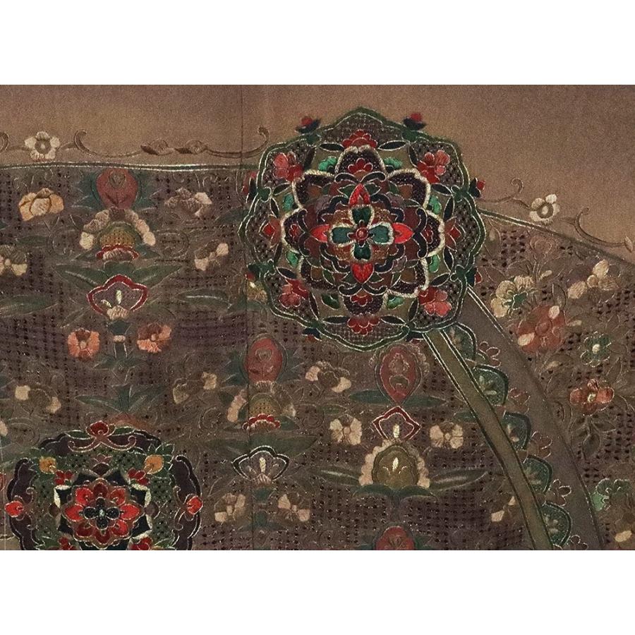 訪問着 袷 正絹 小豆色 総刺繍 華文 ドロンワーク刺〓 Lサイズ ki26243 着物 レディース 入学式 卒業式 オールシーズン 新品 送料無料の画像