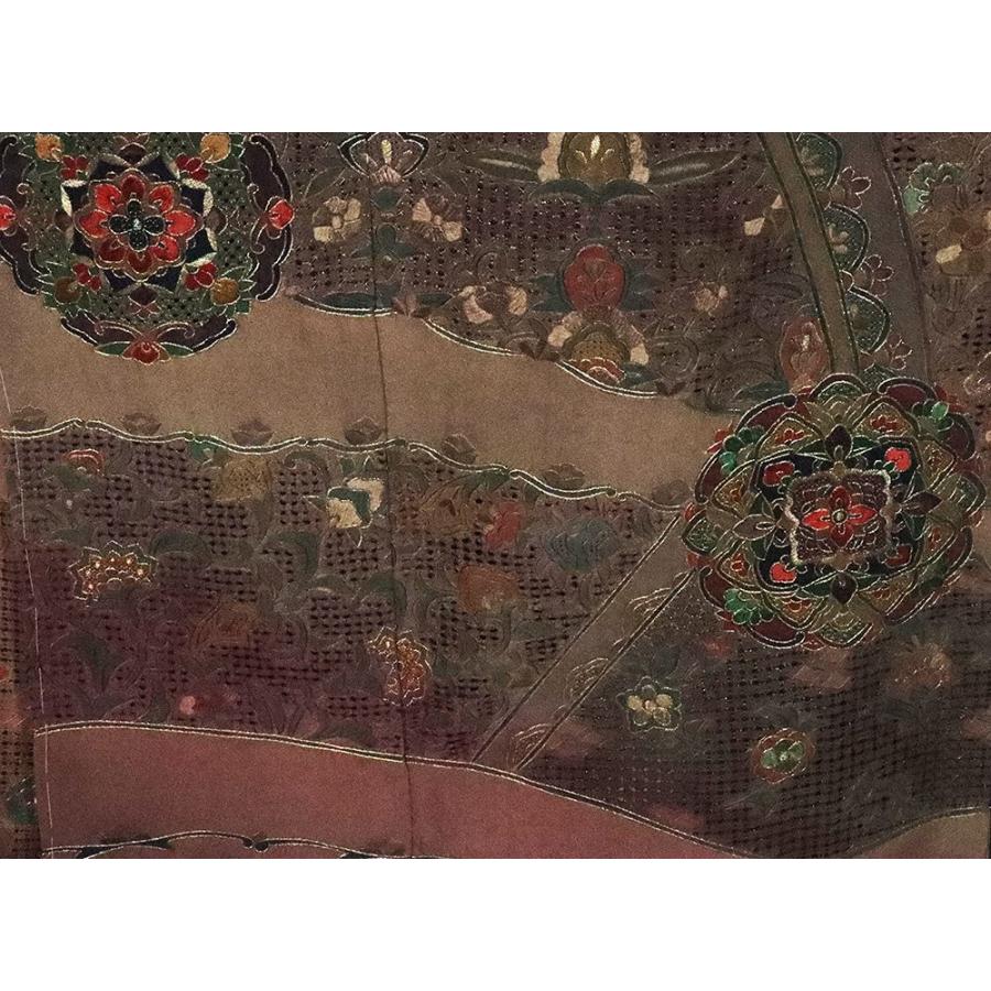 訪問着 袷 正絹 小豆色 総刺繍 華文 ドロンワーク刺〓 Lサイズ ki26243 着物 レディース 入学式 卒業式 オールシーズン 新品 送料無料の画像