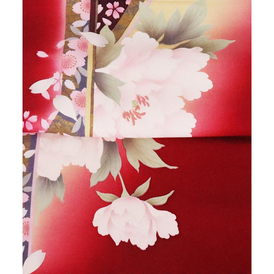 振袖 正絹 赤 黄色 赤紫 牡丹 桜 LLサイズ トールサイズ ki26328 美品 