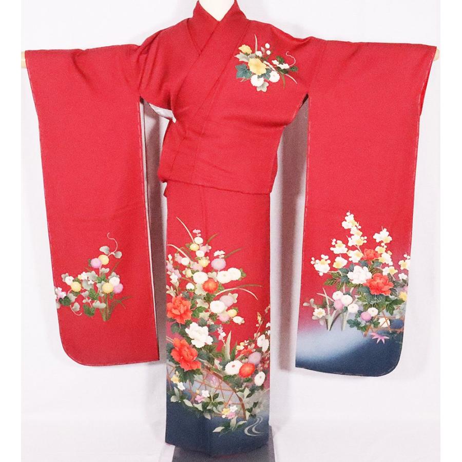 振袖 正絹 赤 グレー 緑 菊 牡丹 梅 LLサイズ トールサイズ ki26329 美  