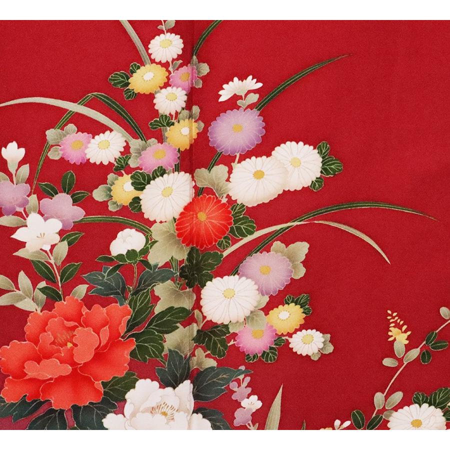 振袖 正絹 赤 グレー 緑 菊 牡丹 梅 LLサイズ トールサイズ ki26329 美  