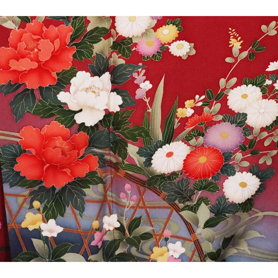 振袖 正絹 赤 グレー 緑 菊 牡丹 梅 LLサイズ トールサイズ ki26329 美  