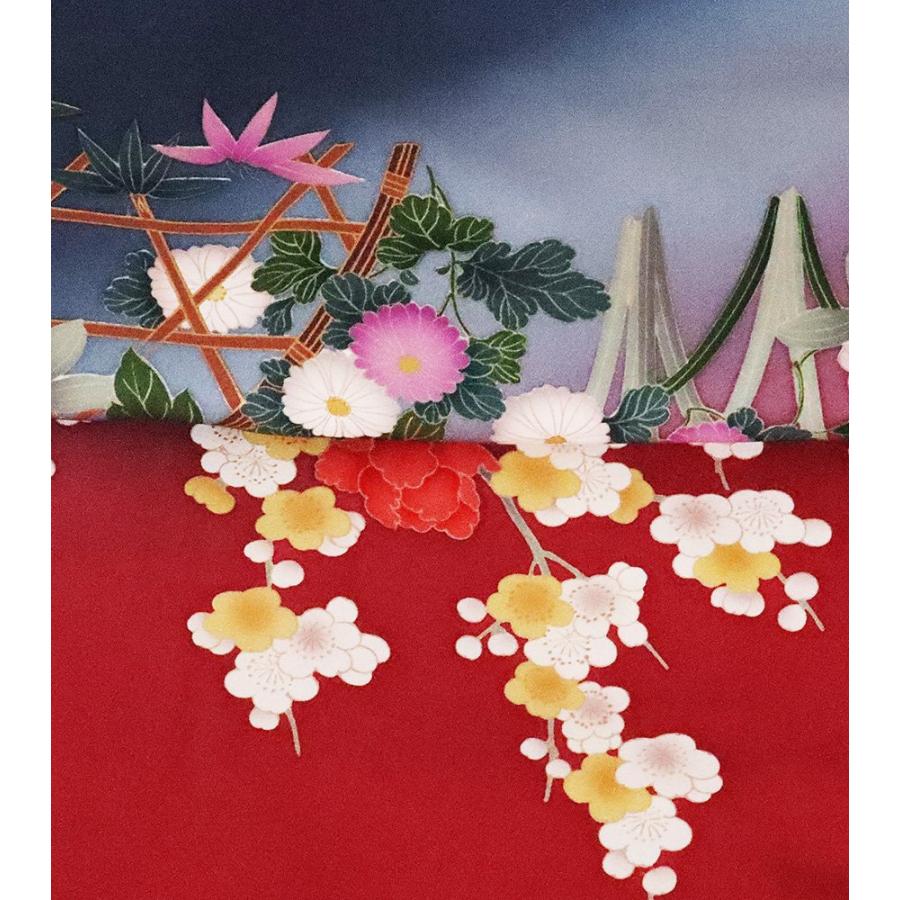 ポリエステル振袖 豪華 刺繍 牡丹 梅 紅型調 身丈171cm