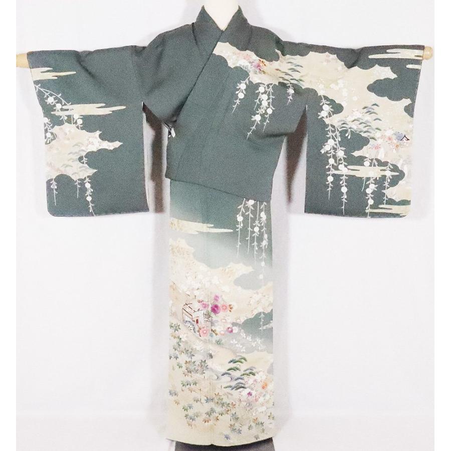 聚楽謹製 帝王紫 訪問着 袷 正絹 緑 ベージュ 暈し 紫刺繍菊 Lサイズ 