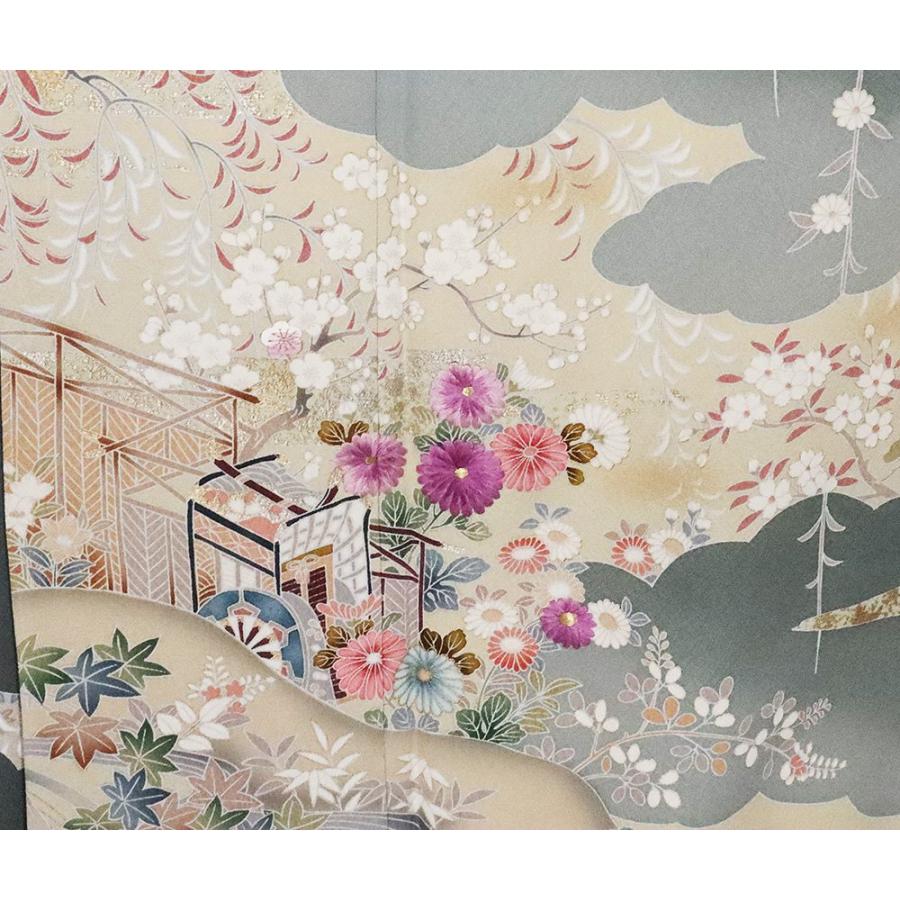 聚楽謹製 帝王紫 訪問着 袷 正絹 緑 ベージュ 暈し 紫刺繍菊 Lサイズ 