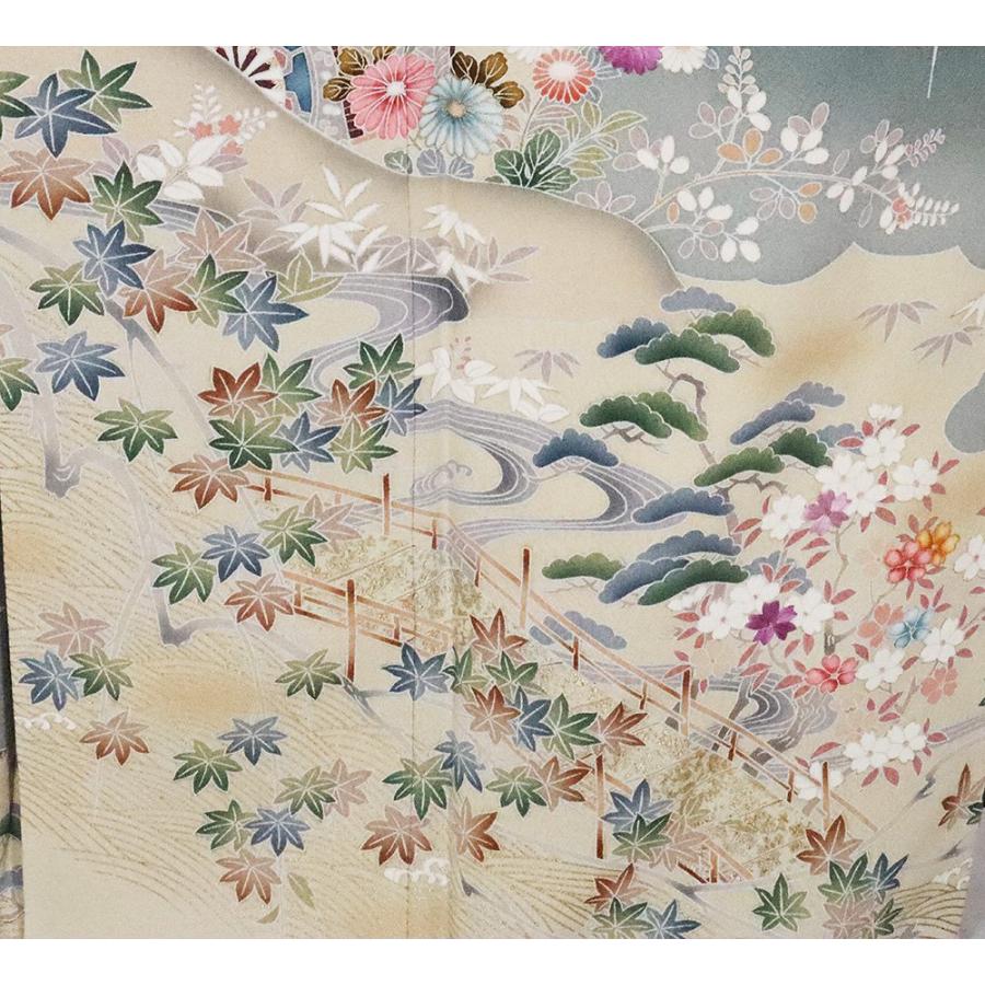 聚楽謹製 帝王紫 訪問着 袷 正絹 緑 ベージュ 暈し 紫刺繍菊 Lサイズ 