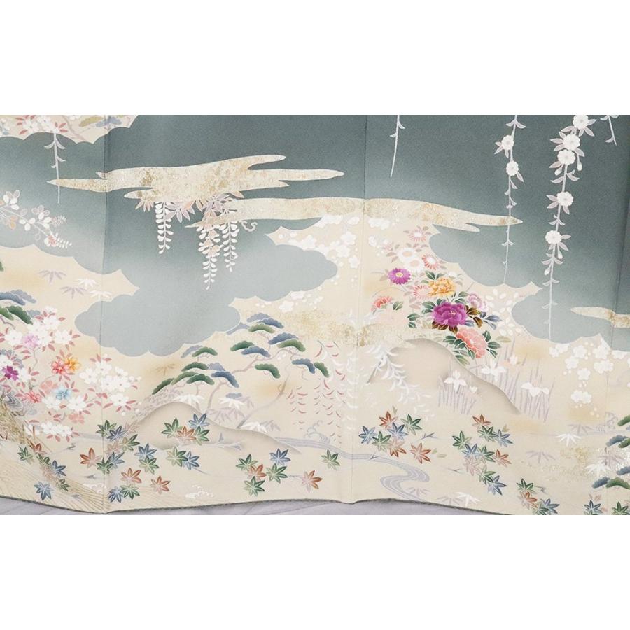 聚楽謹製 帝王紫 訪問着 袷 正絹 緑 ベージュ 暈し 紫刺繍菊 ki26336