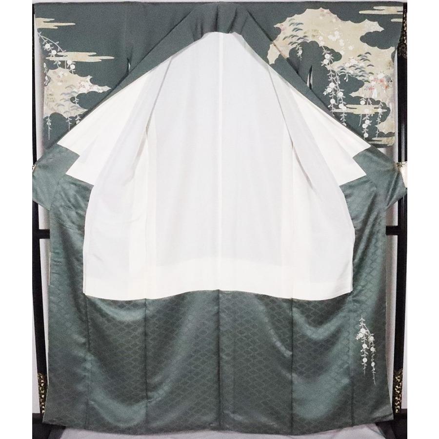 聚楽謹製 帝王紫 訪問着 袷 正絹 緑 ベージュ 暈し 紫刺繍菊 Lサイズ 