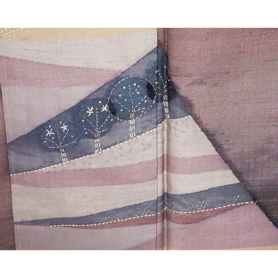 聚楽謹製 手織り紬 訪問着 袷 正絹 薄赤紫 暈し 刺し子 刺繍 樹木 L 
