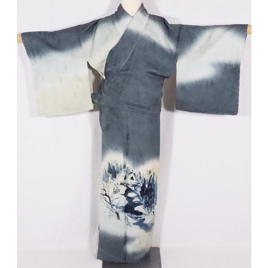 訪問着 袷 正絹 緑暈し 手描き 茶屋辻 樹木 Mサイズ ki26353 着物 