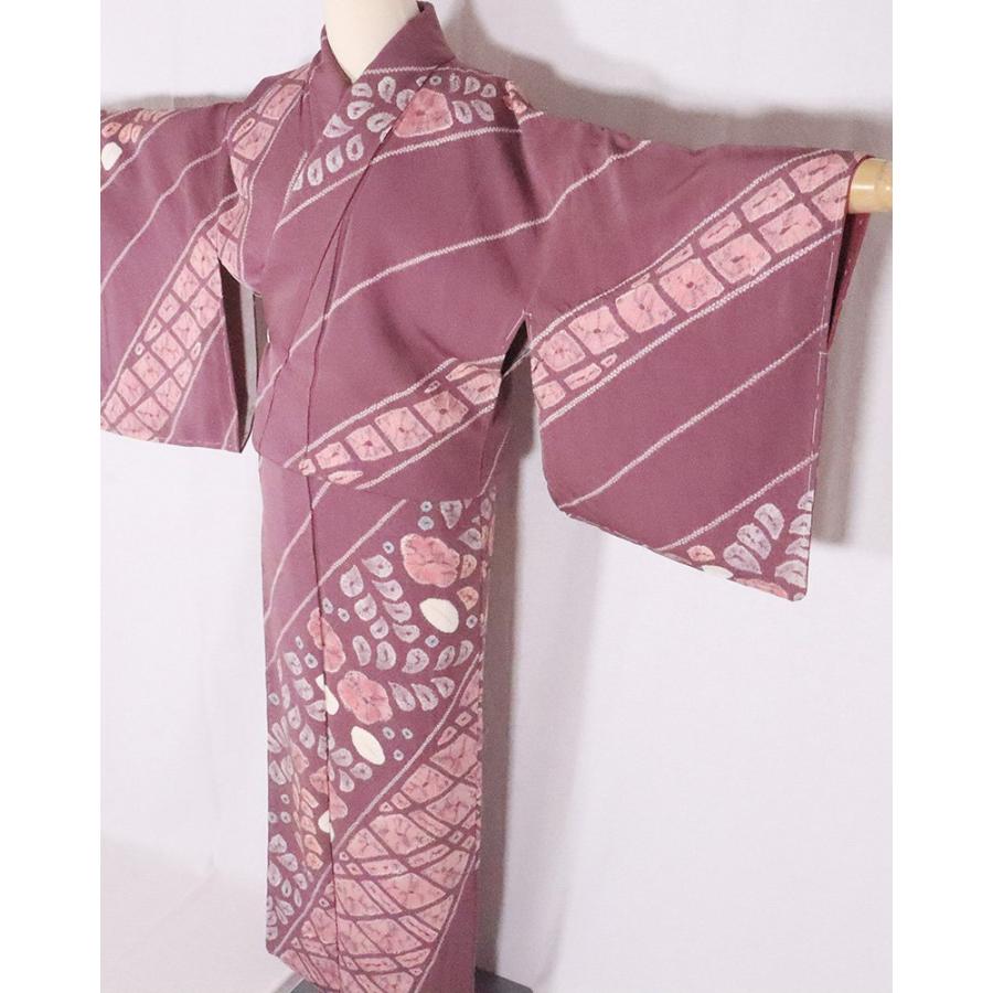 辻が花訪問着 袷 正絹 赤紫 手蜘蛛絞り 辻が花 菱文 Sサイズ ki26364