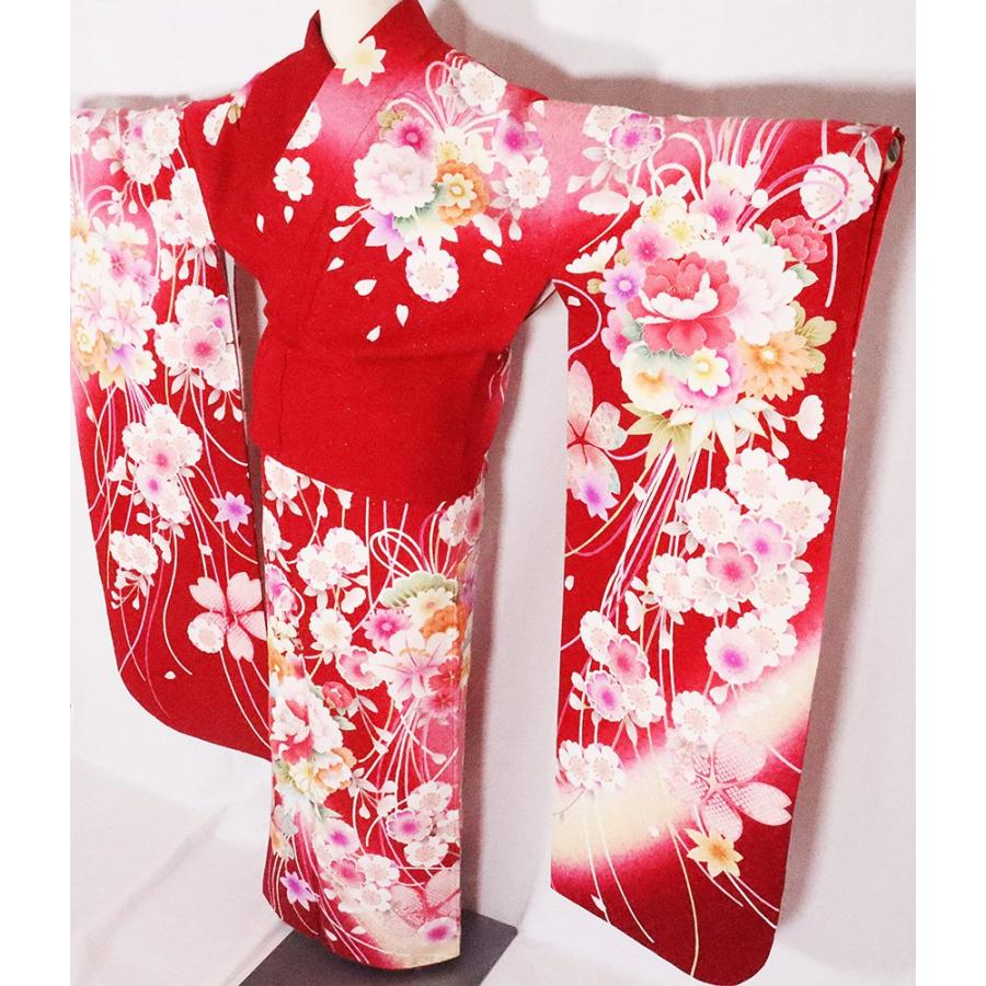 振袖 正絹 赤 ピンク 黄色 暈し 花束 桜 菊 牡丹 Lサイズ ki26389 美品 