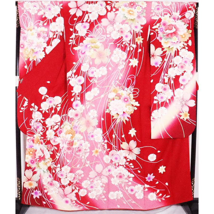 振袖 正絹 赤 ピンク 黄色 暈し 花束 桜 菊 牡丹 Lサイズ ki26389 美品