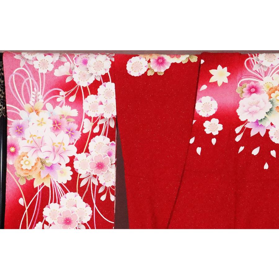 振袖 正絹 赤 ピンク 黄色 暈し 花束 桜 菊 牡丹 Lサイズ ki26389 美品 