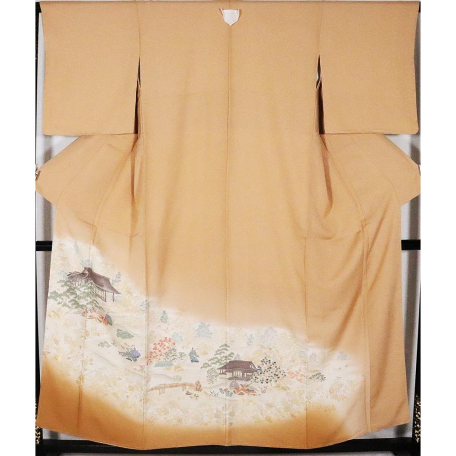 色留袖 袷 正絹 離宮絵図 茶ベージュ 寿光織 源氏物語 Mサイズ ki26891  