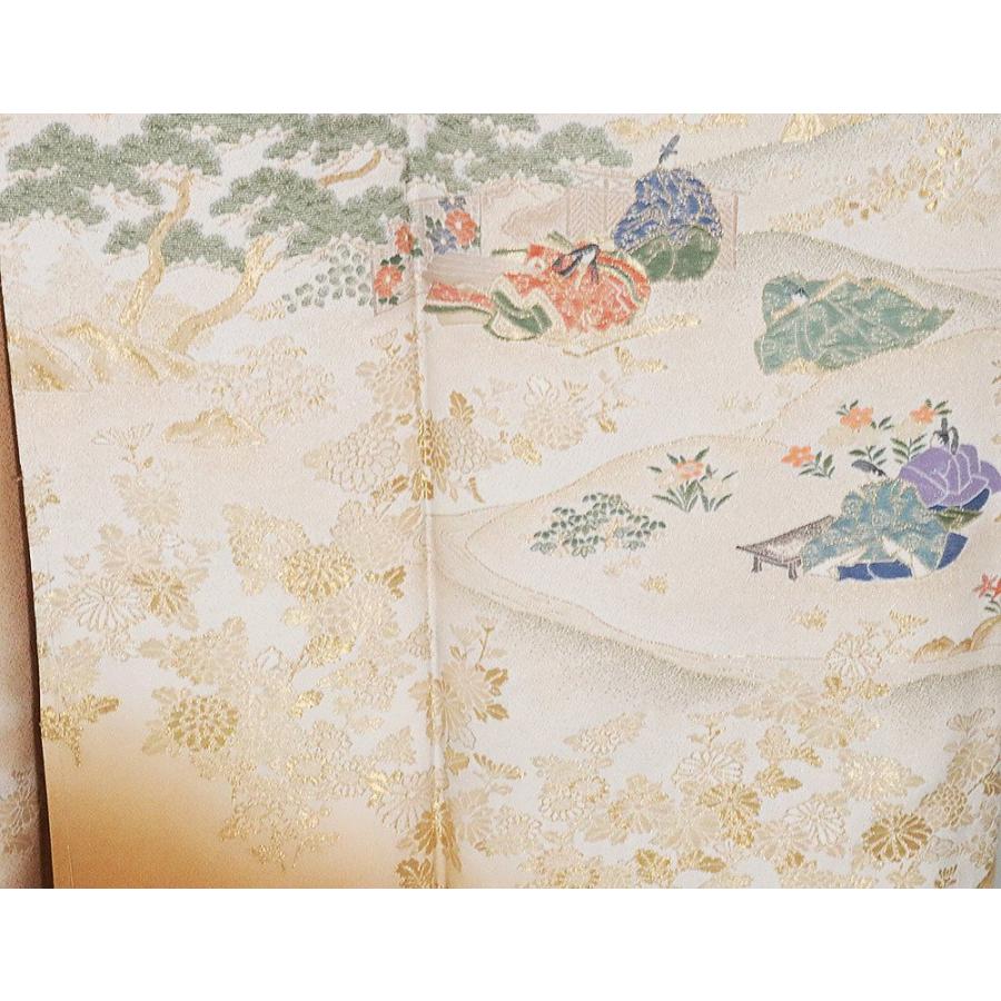 色留袖 袷 正絹 離宮絵図 茶ベージュ 寿光織 源氏物語 Mサイズ ki26891  
